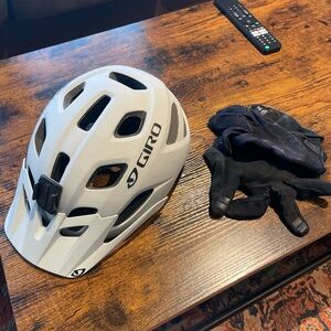 Giro Gray Helmet with Girl Mountain Biking Black Gloves